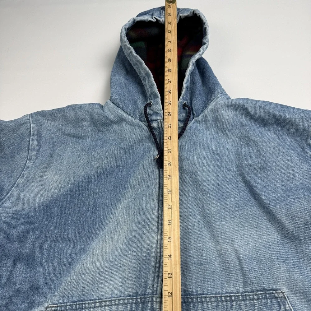 OshKosh Jacket Men's L Blue Denim Hooded Fleece Lined Bomber Plaid Zip Winter